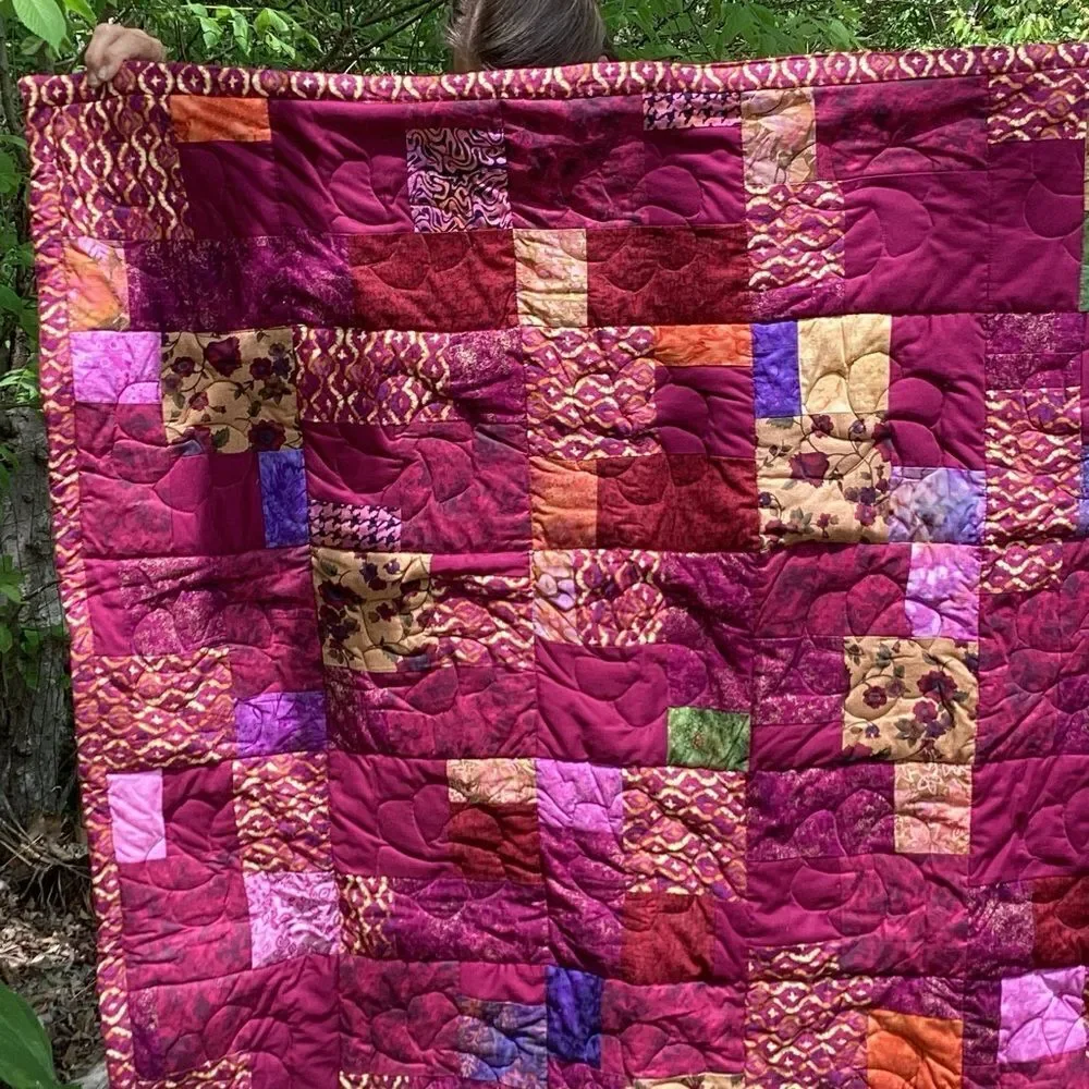 NWT. Hand Crafted Maroon/Wine Mixed Prints Lap Quilt